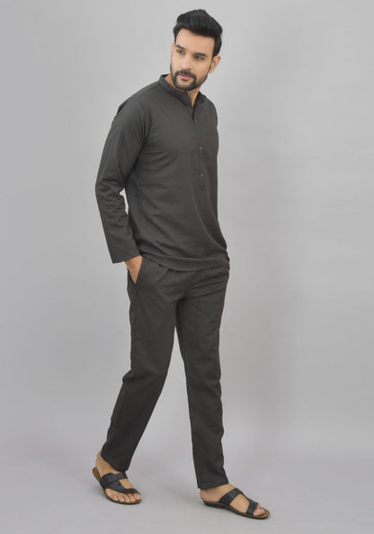 Men Cotton Solid Co-ord Set Dark Gray-46997