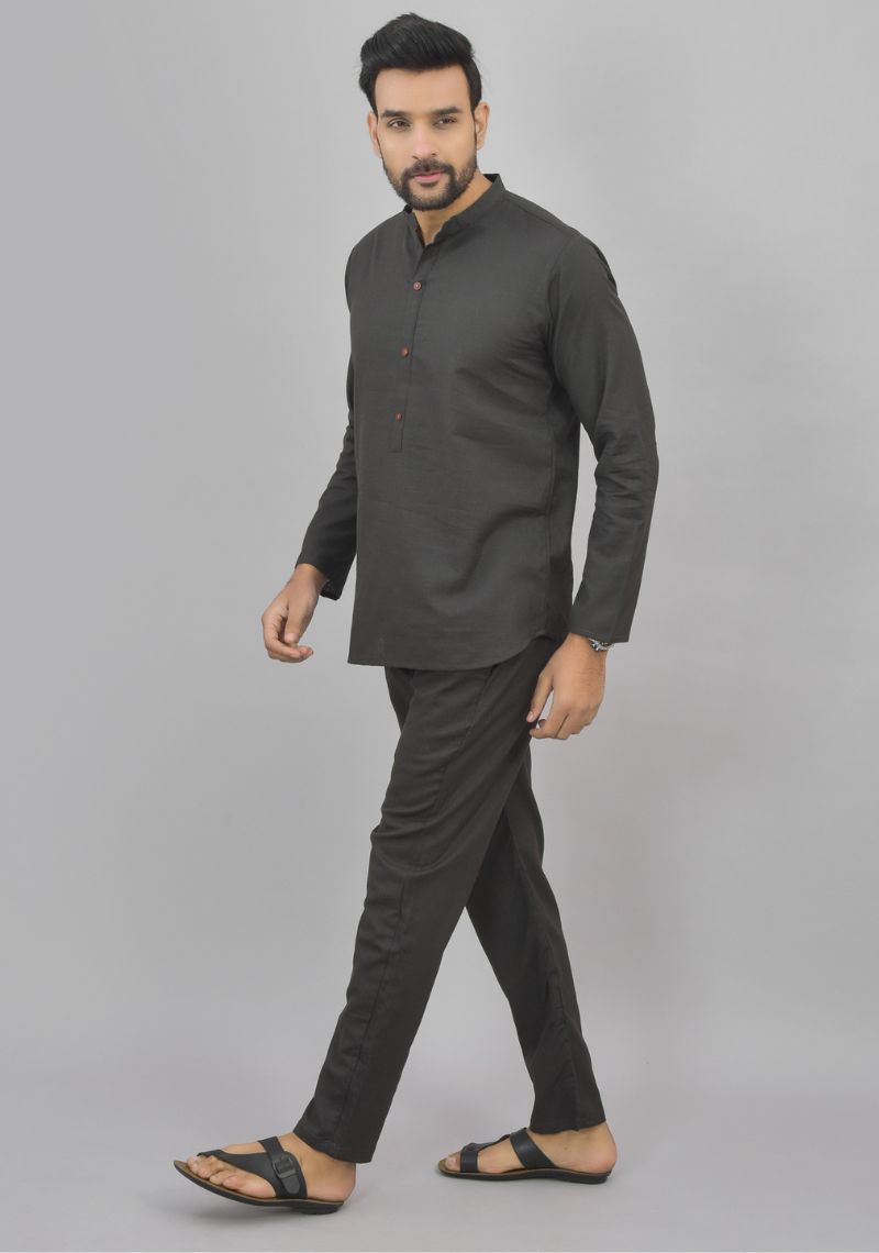 Men Cotton Solid Co-ord Set Dark Gray-46997