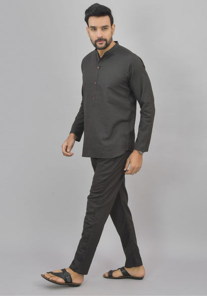 Men Cotton Solid Co-ord Set Dark Gray-46997