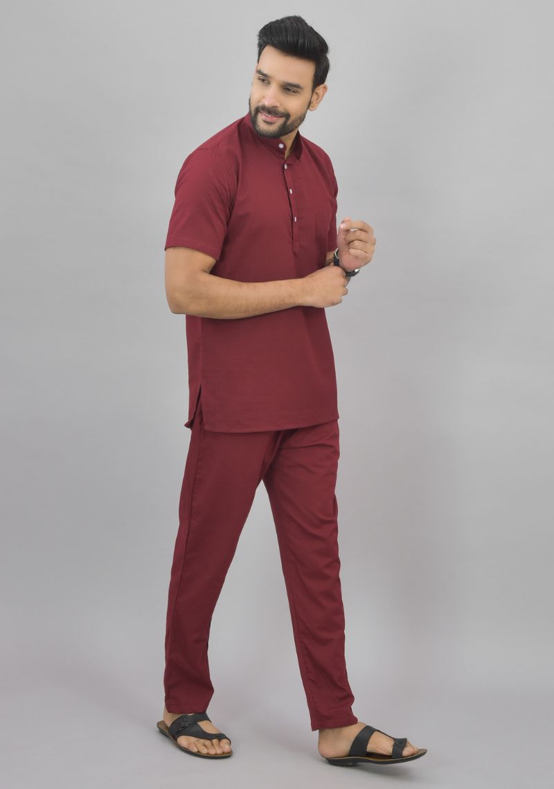 Men Cotton Solid Co-ord Set Maroon-46998