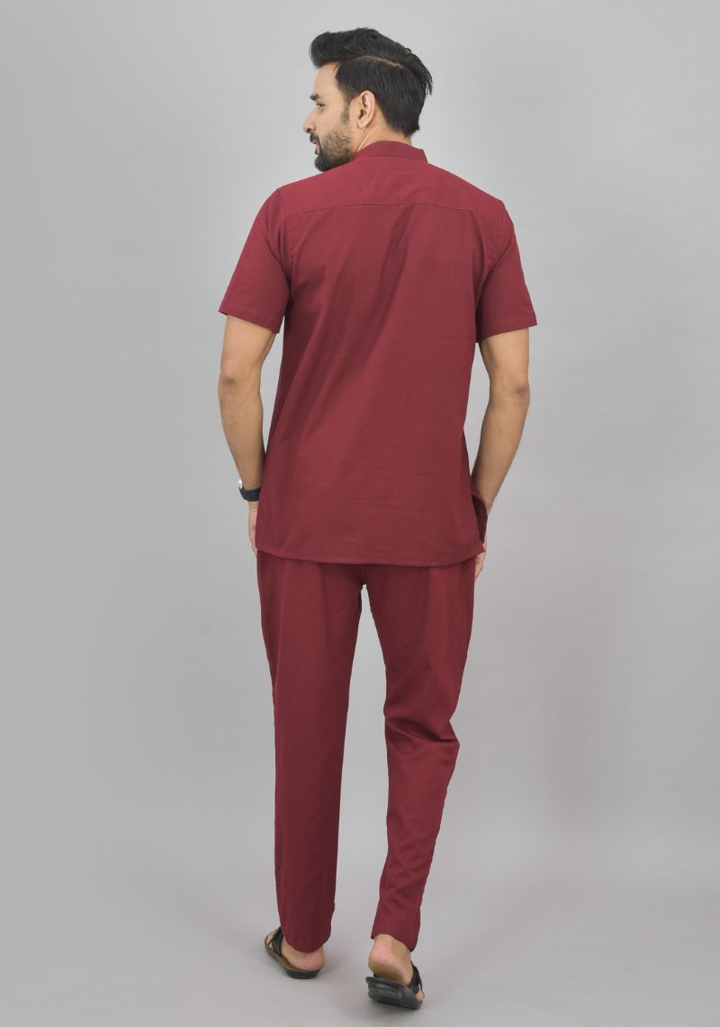 Men Cotton Solid Co-ord Set Maroon-46998