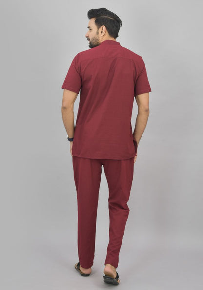 Men Cotton Solid Co-ord Set Maroon-46998