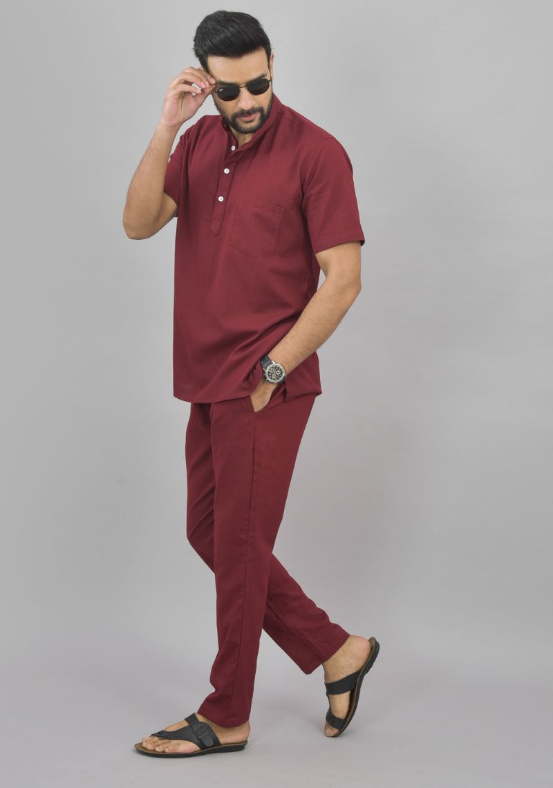 Men Cotton Solid Co-ord Set Maroon-46998