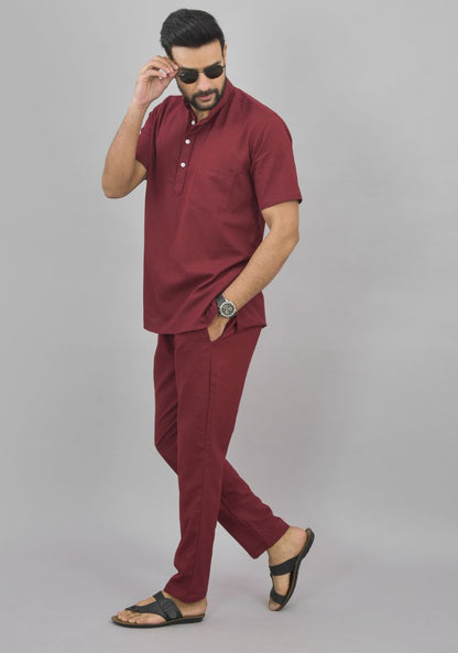 Men Cotton Solid Co-ord Set Maroon-46998