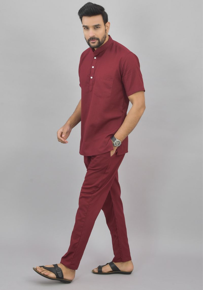 Men Cotton Solid Co-ord Set Maroon-46998