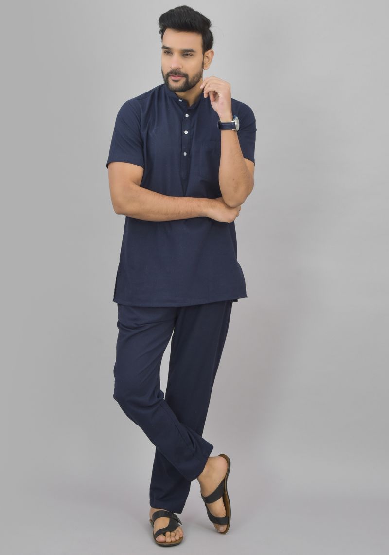 Men Cotton Solid Co-ord Set Navy Blue-46999