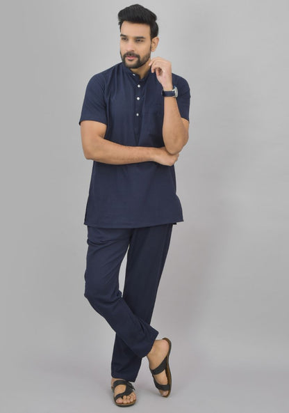 Men Cotton Solid Co-ord Set Navy Blue-46999