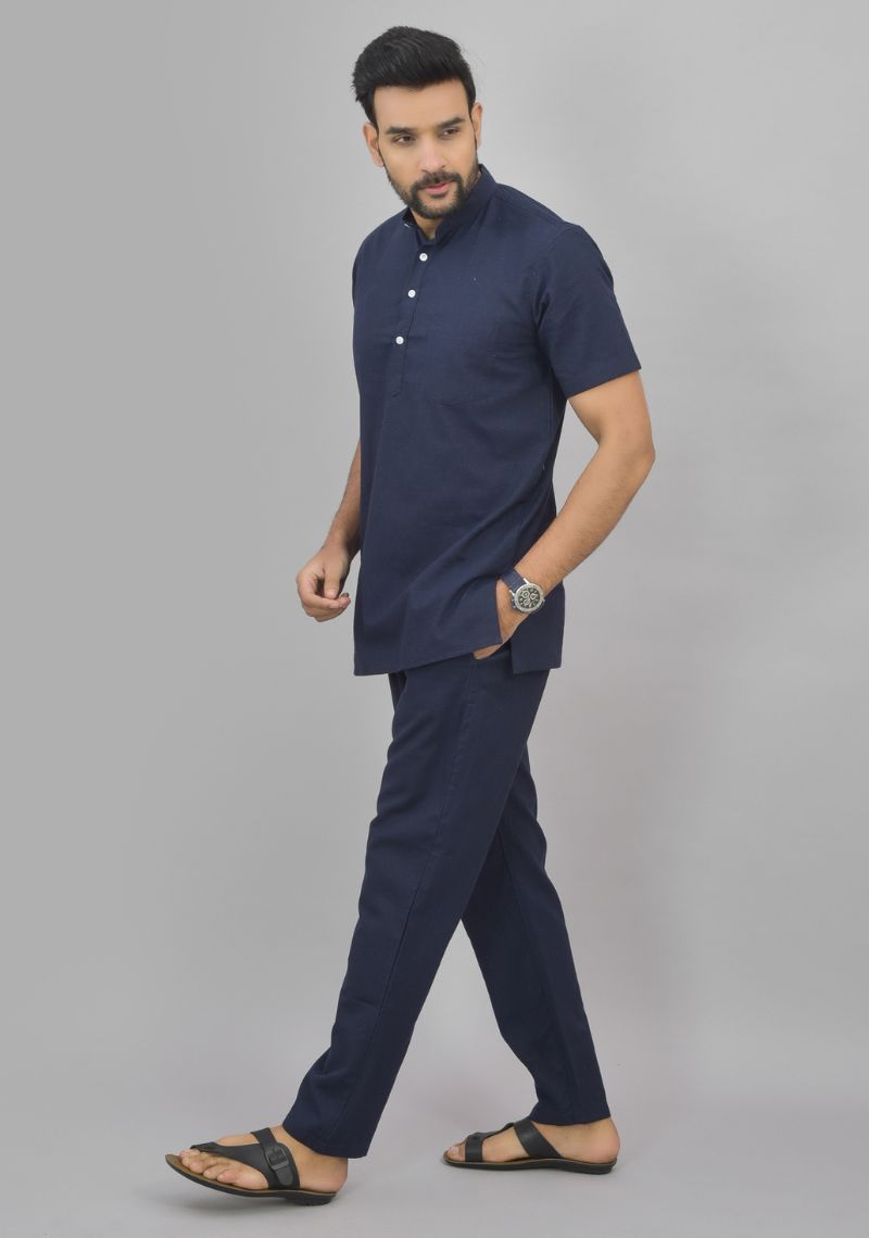 Men Cotton Solid Co-ord Set Navy Blue-46999