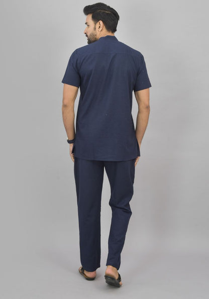 Men Cotton Solid Co-ord Set Navy Blue-46999
