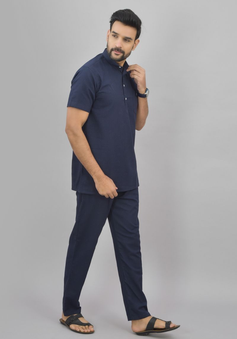 Men Cotton Solid Co-ord Set Navy Blue-46999