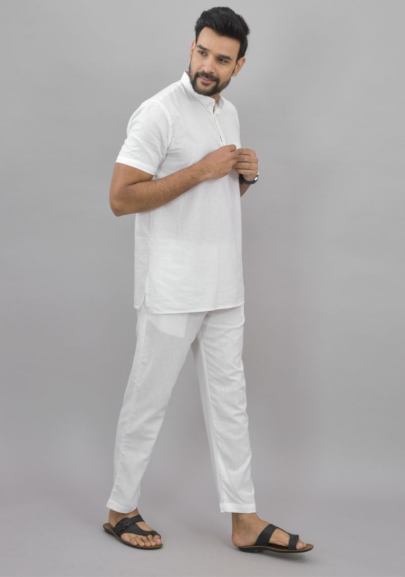 Men Cotton Solid Co-ord Set White-47000