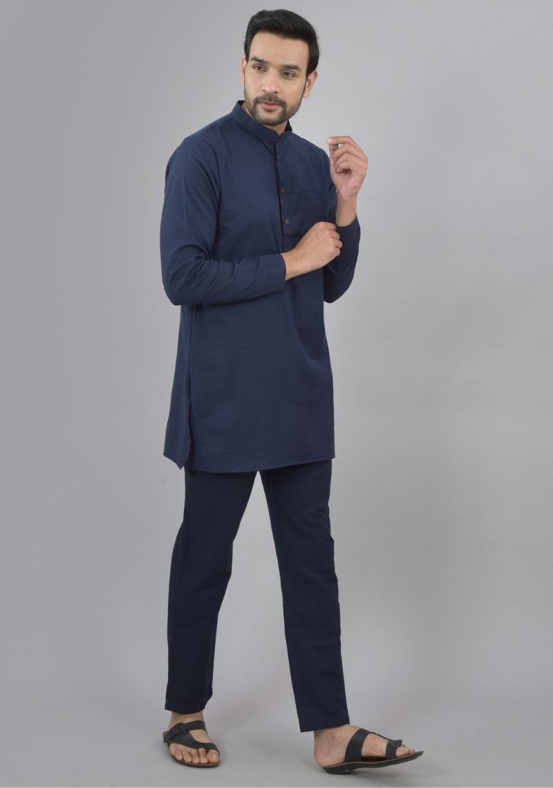 Men Cotton Solid Co-ord Set Navy Blue-47042