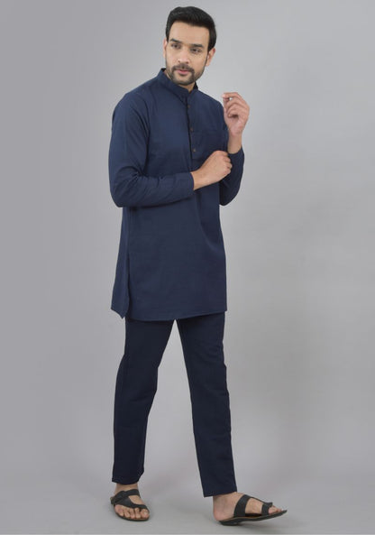 Men Cotton Solid Co-ord Set Navy Blue-47042