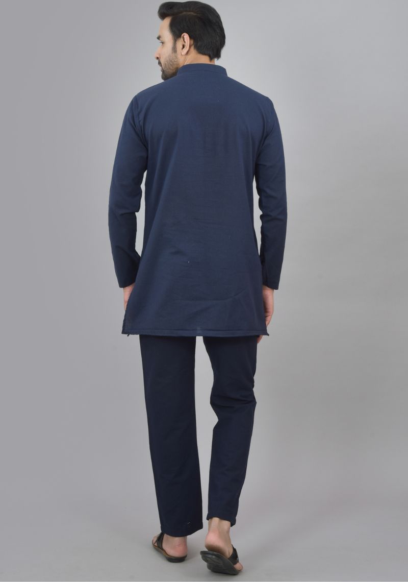 Men Cotton Solid Co-ord Set Navy Blue-47042