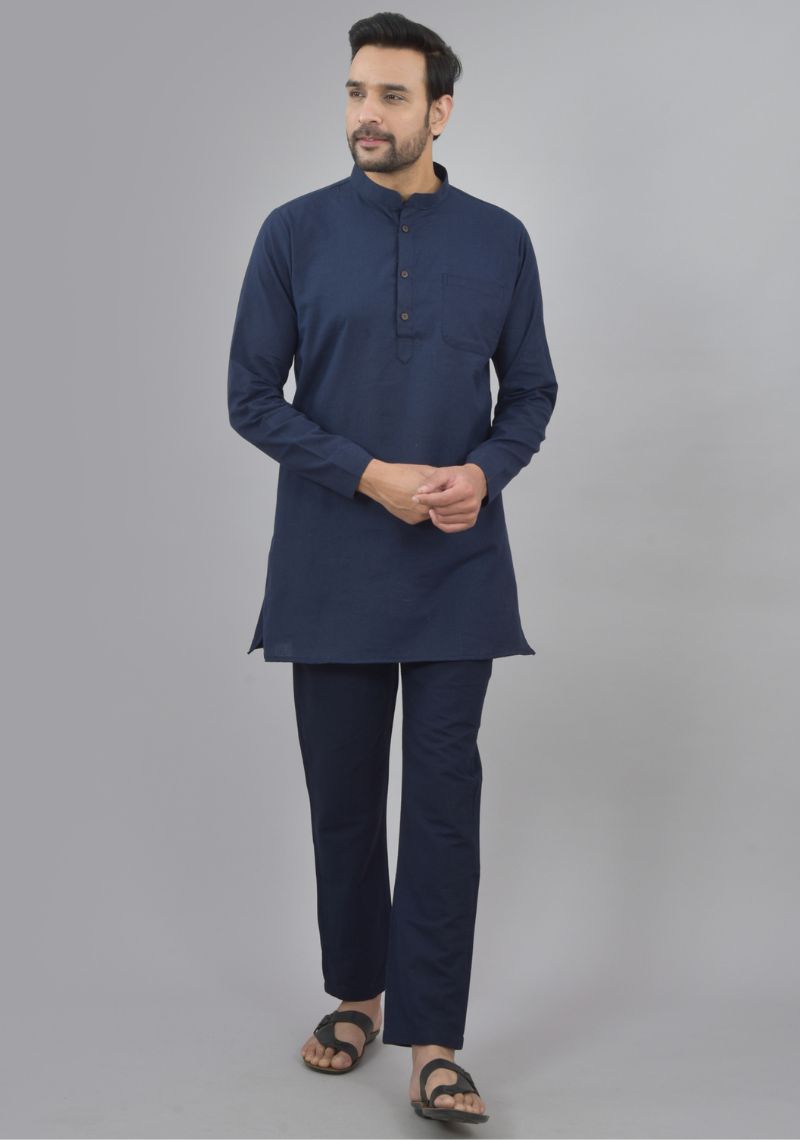 Men Cotton Solid Co-ord Set Navy Blue-47042
