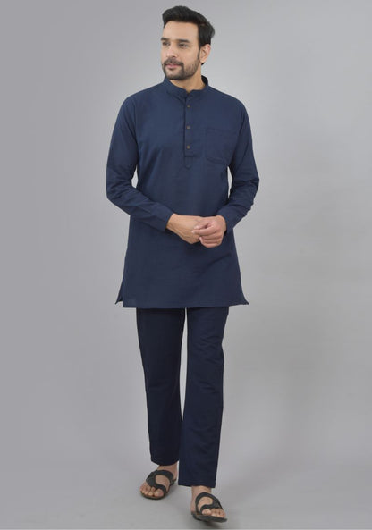 Men Cotton Solid Co-ord Set Navy Blue-47042