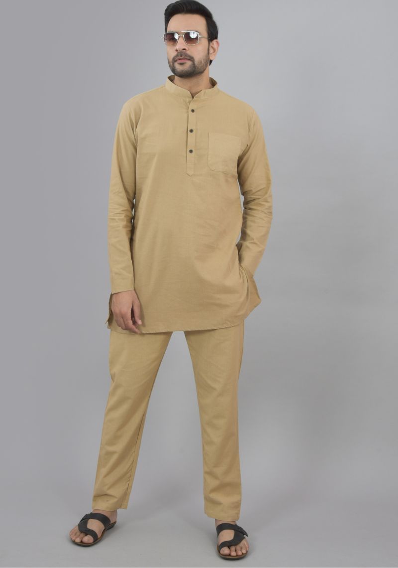 Men Cotton Solid Co-ord Set Beige-47043