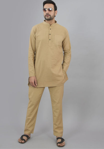 Men Cotton Solid Co-ord Set Beige-47043
