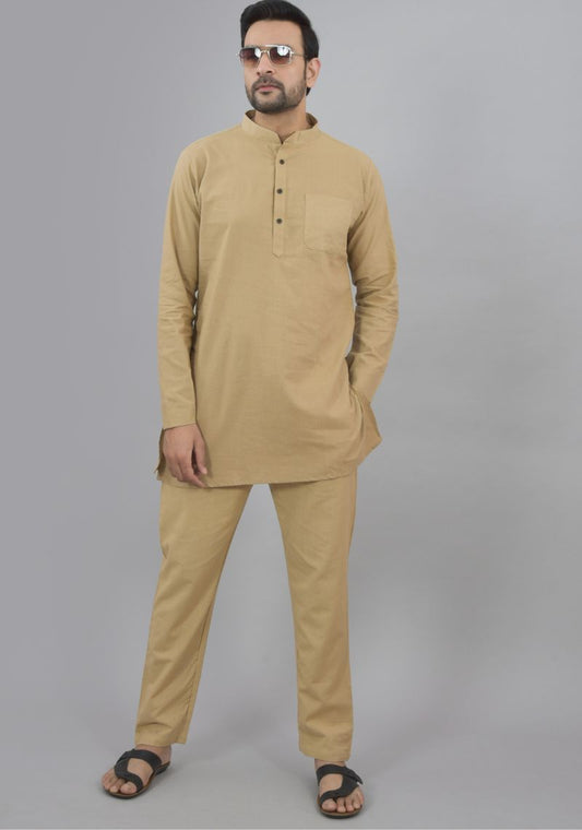 Men Cotton Solid Co-ord Set Beige-47043