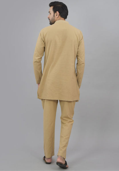 Men Cotton Solid Co-ord Set Beige-47043