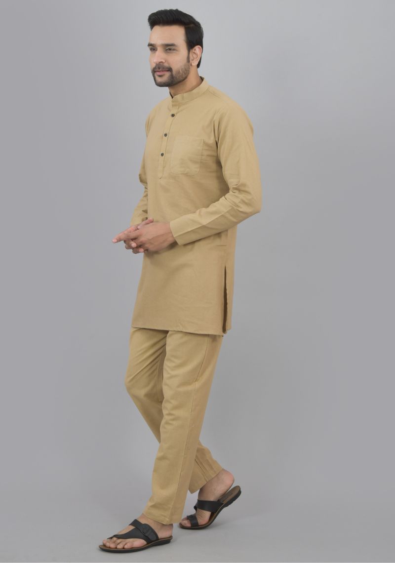 Men Cotton Solid Co-ord Set Beige-47043