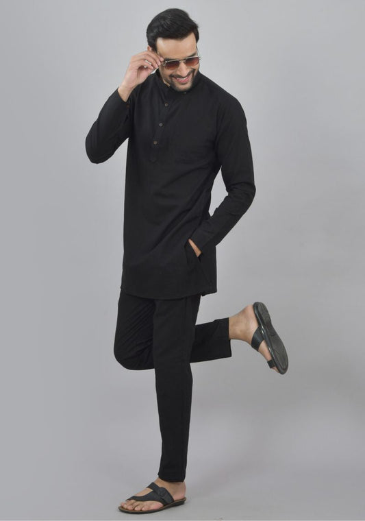 Men Cotton Solid Co-ord Set Black-47045
