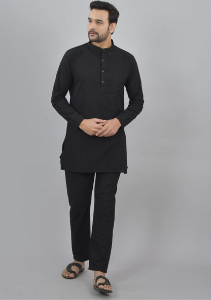 Men Cotton Solid Co-ord Set Black-47045