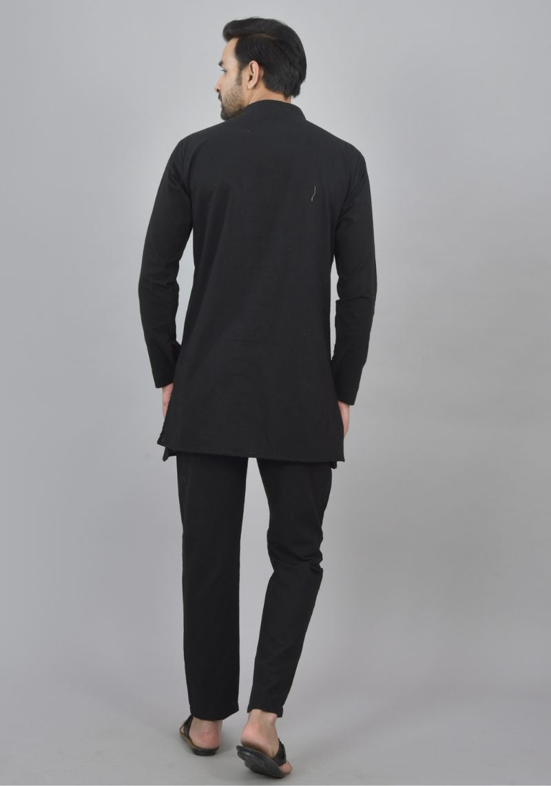 Men Cotton Solid Co-ord Set Black-47045