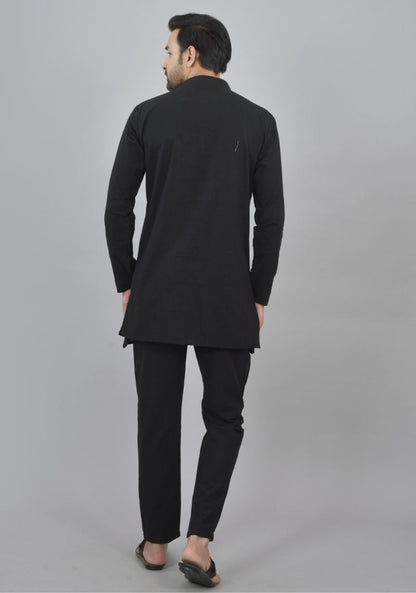 Men Cotton Solid Co-ord Set Black-47045