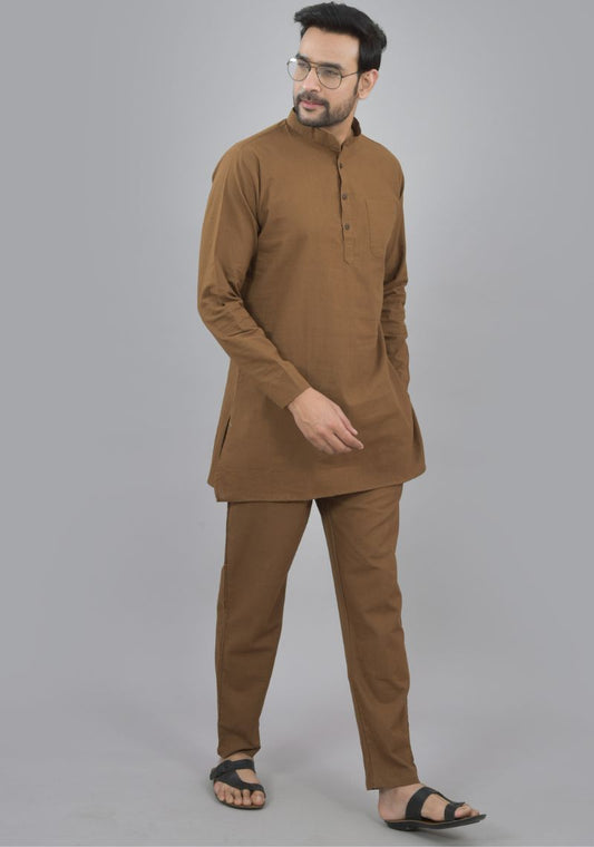 Men Cotton Solid Co-ord Set Brown-47046