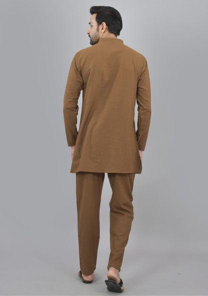 Men Cotton Solid Co-ord Set Brown-47046