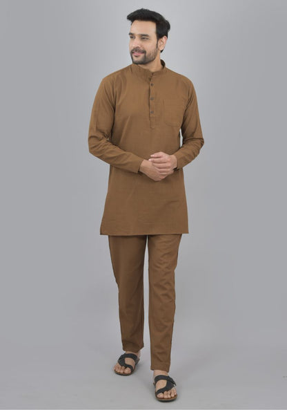 Men Cotton Solid Co-ord Set Brown-47046