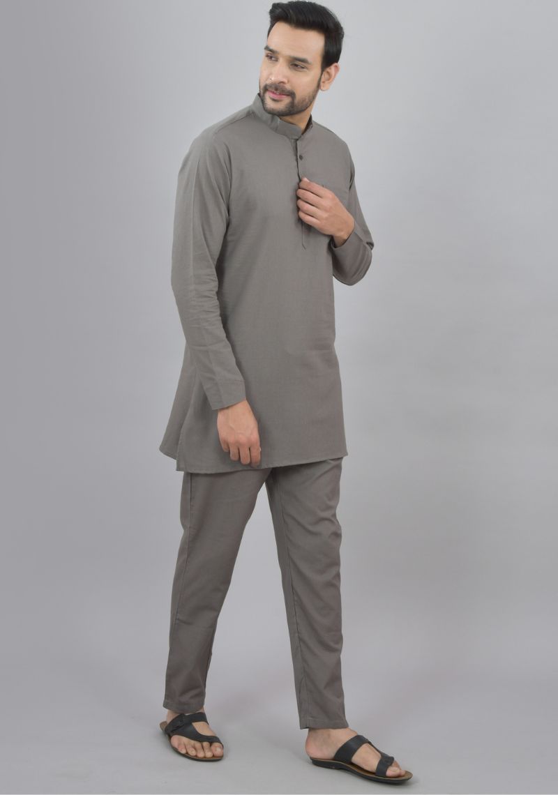 Men Cotton Solid Co-ord Set Gray-47048