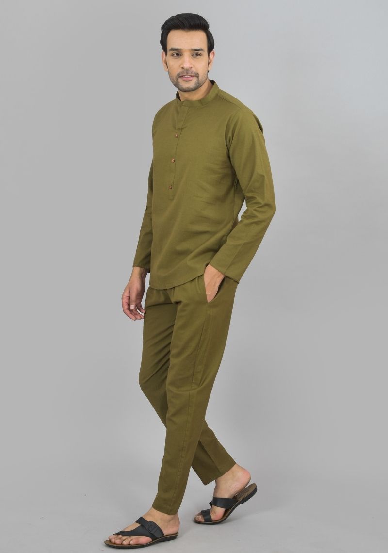 Men Cotton Solid Co-ord Set Mehndi Green-47317