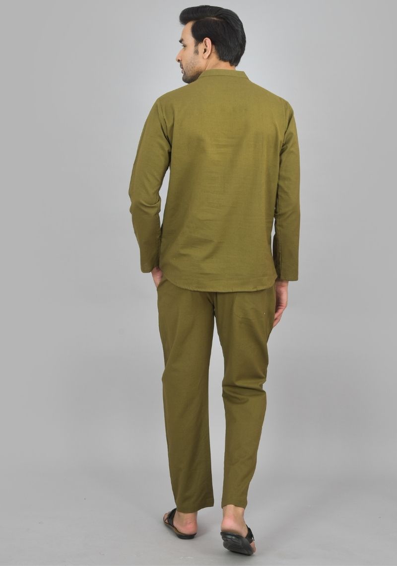 Men Cotton Solid Co-ord Set Mehndi Green-47317