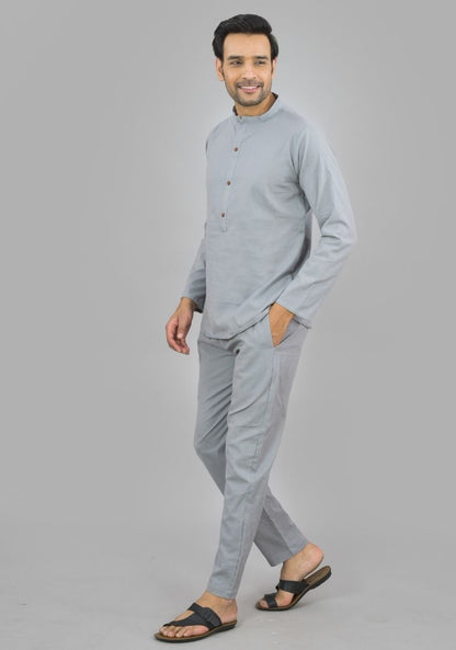 Men Cotton Shirt Solid Co-ord Set Light Gray-47319