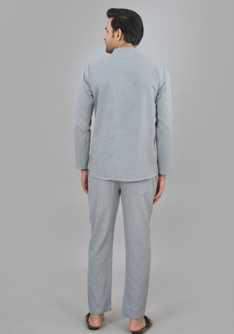 Men Cotton Shirt Solid Co-ord Set Light Gray-47319