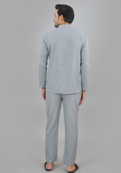 Men Cotton Shirt Solid Co-ord Set Light Gray-47319