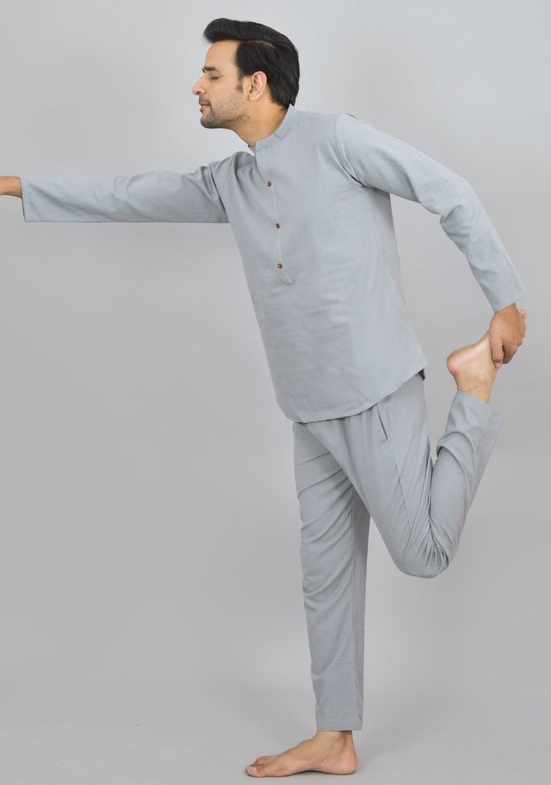 Men Cotton Shirt Solid Co-ord Set Light Gray-47319