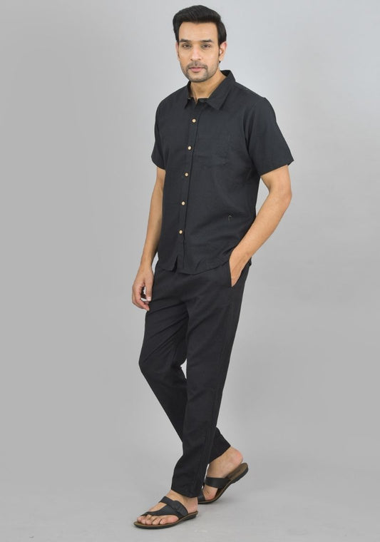 Men Cotton Shirt Solid Co-ord Set Black-47320