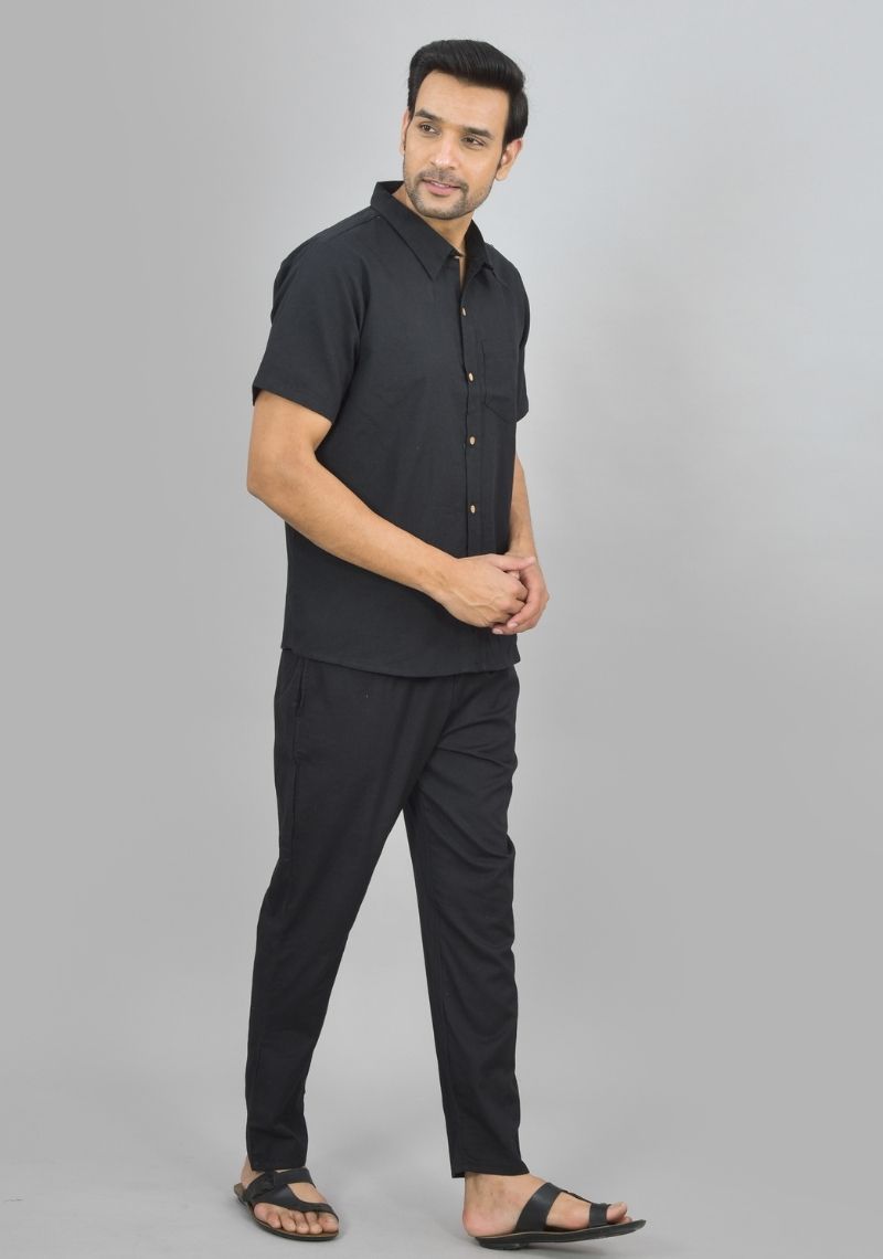 Men Cotton Shirt Solid Co-ord Set Black-47320