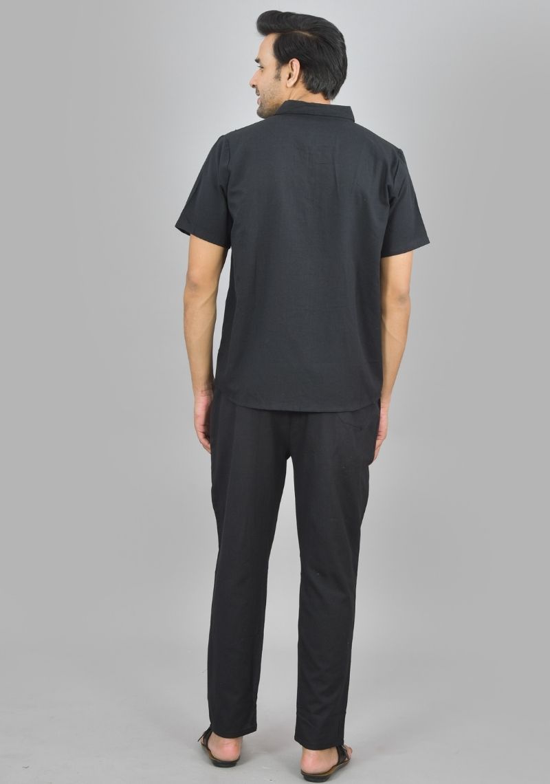 Men Cotton Shirt Solid Co-ord Set Black-47320