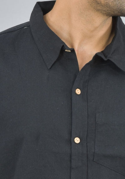 Men Cotton Shirt Solid Co-ord Set Black-47320