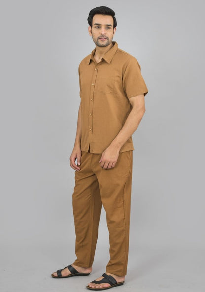 Men Cotton Shirt Solid Co-ord Set Brown-47321