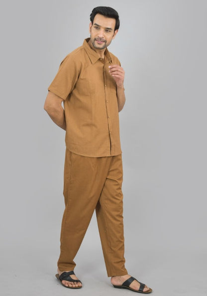 Men Cotton Shirt Solid Co-ord Set Brown-47321