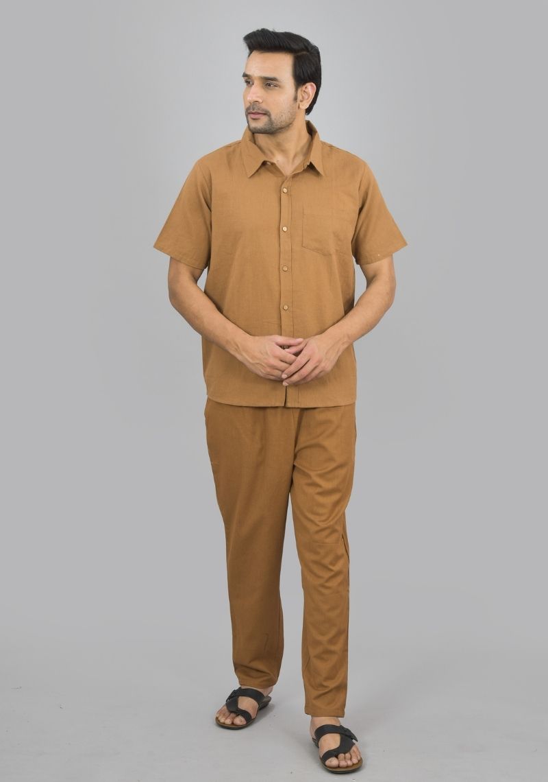 Men Cotton Shirt Solid Co-ord Set Brown-47321