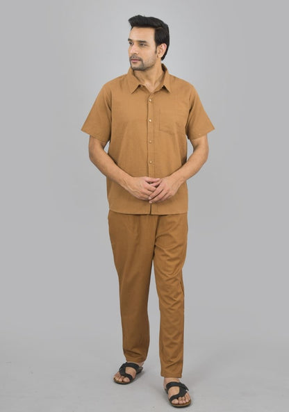 Men Cotton Shirt Solid Co-ord Set Brown-47321