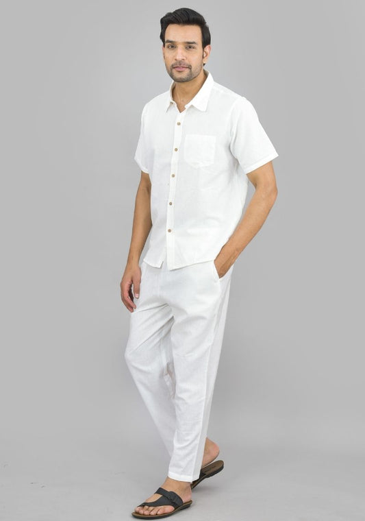 Men Cotton Shirt Solid Co-ord Set White-47322