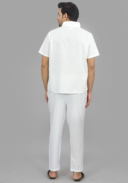 Men Cotton Shirt Solid Co-ord Set White-47322