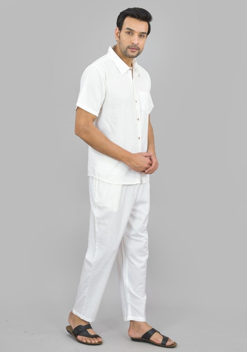 Men Cotton Shirt Solid Co-ord Set White-47322